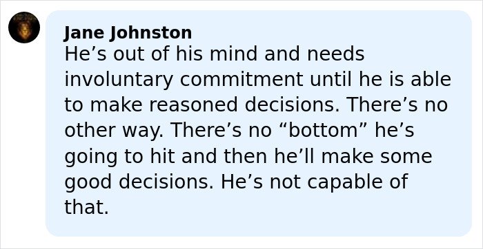 Screenshot of a social media comment discussing Tylor Chase’s hospitalization and concerns about his mental state and decisions.