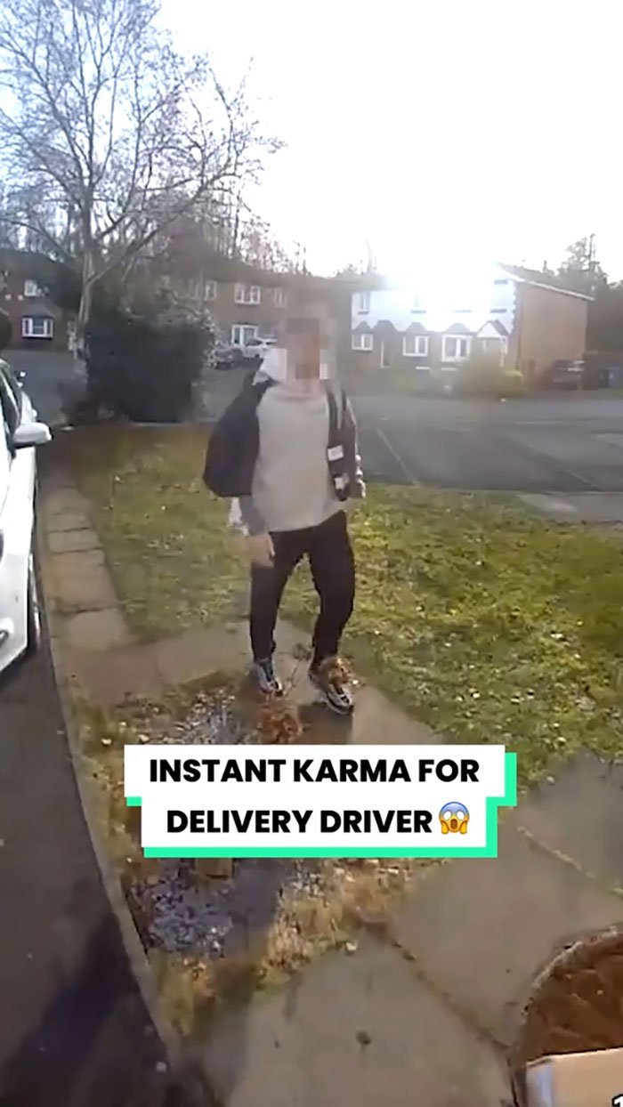 Delivery driver caught on camera near a house with instant karma moment related to a Christmas gift incident.