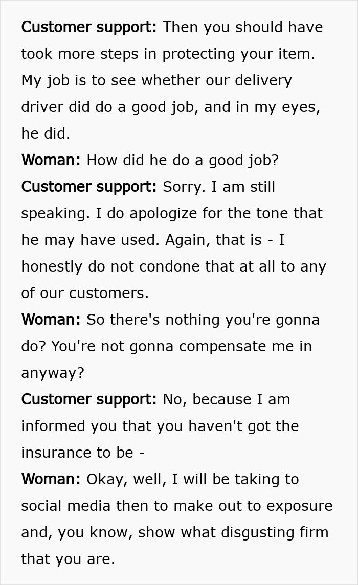 Customer support and woman dialogue about shattered Christmas gift and delivery driver footage dispute.