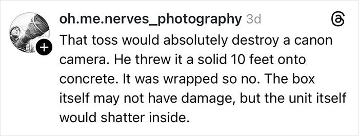 Comment describing delivery driver tossing a package, causing a fragile Christmas gift to shatter inside the box.