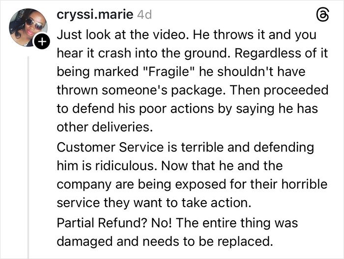 Woman claims Christmas gift was shattered by delivery driver, shares footage exposing poor service and damage.
