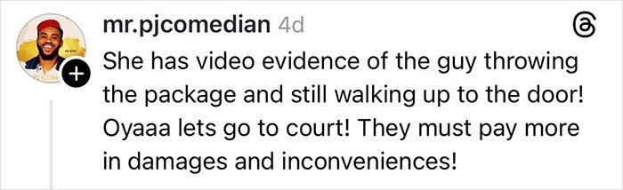 Comment discussing video evidence of a delivery driver allegedly causing a woman’s Christmas gift to get shattered.
