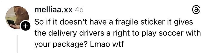 Comment on social media about delivery driver causing a Christmas gift to get shattered, questioning package handling care.