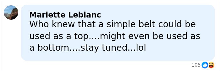 Comment by Mariette Leblanc joking about a belt being used as a top or bottom, related to Brooks Nader Santa belt shirt.