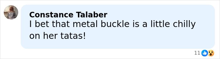 Comment by Constance Talaber joking about a metal buckle being chilly on Brooks Nader’s Santa belt worn as a shirt in Aspen.