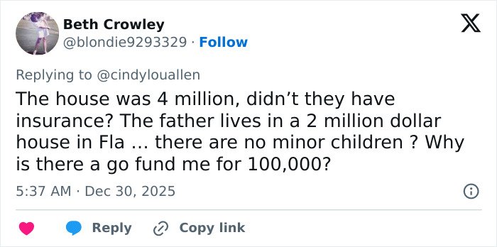 Tweet discussing a sorority girl losing her life in a Christmas Eve accident at a multi-million dollar mansion.