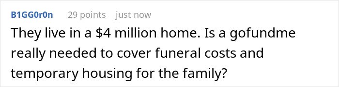 Comment discussing the need for a GoFundMe to cover funeral costs for sorority girl from family’s multi-million dollar mansion.
