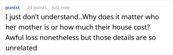Comment discussing confusion about the relevance of a sorority girl's family wealth in a tragic accident news context.