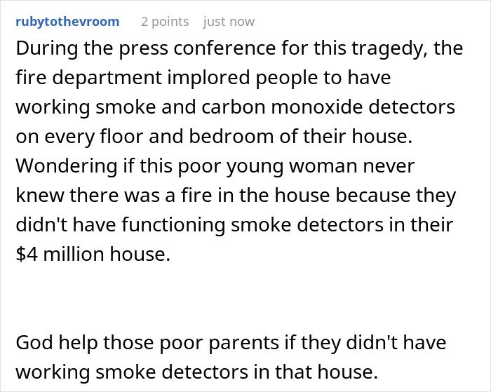 Comment discussing a tragic Christmas Eve accident involving a sorority girl in a family’s multi-million dollar mansion.