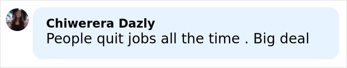 Comment by Chiwerera Dazly stating people quit jobs all the time, expressing it as a big deal.