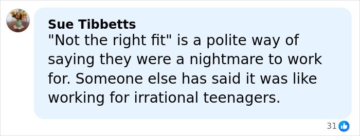 Comment from Sue Tibbetts explaining why PR gurus cut ties with Prince Harry and Meghan Markle, describing difficult work experience.