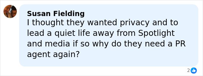 Comment by Susan Fielding questioning why Prince Harry and Meghan Markle need a PR agent, discussing PR gurus cutting ties.