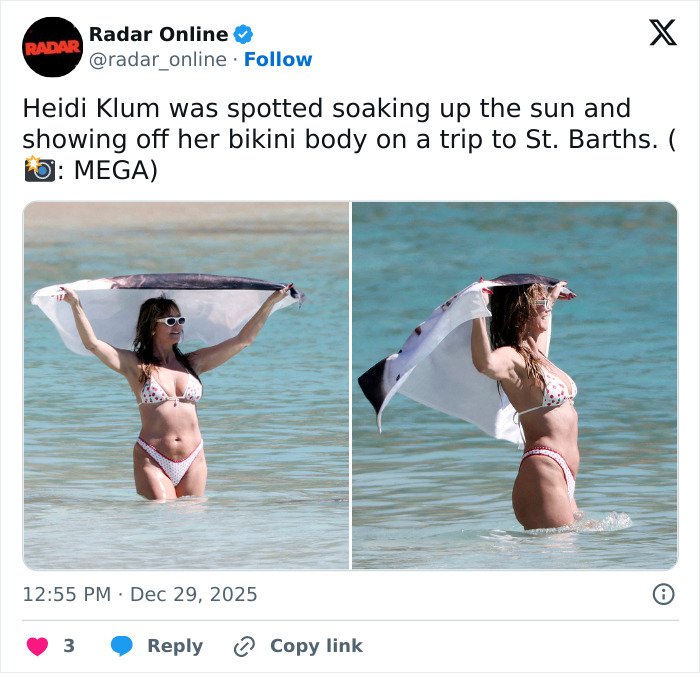 Heidi Klum enjoying the sun and water on St. Barths getaway, showcasing her beach look and natural style.