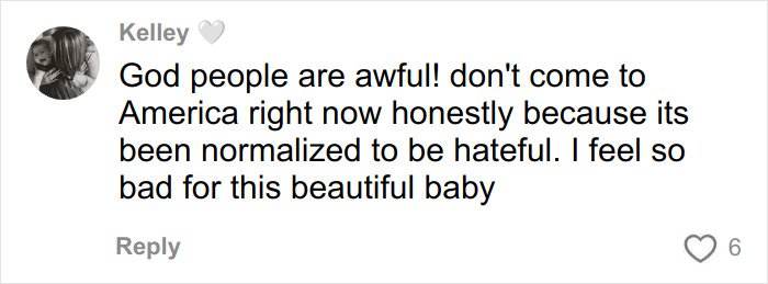 Comment expressing concern about hateful behavior in America and sympathy for a baby amid harsh societal attitudes.