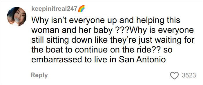 TikTok comment expressing frustration over bystanders not helping a woman and baby during a boat incident involving tourists.