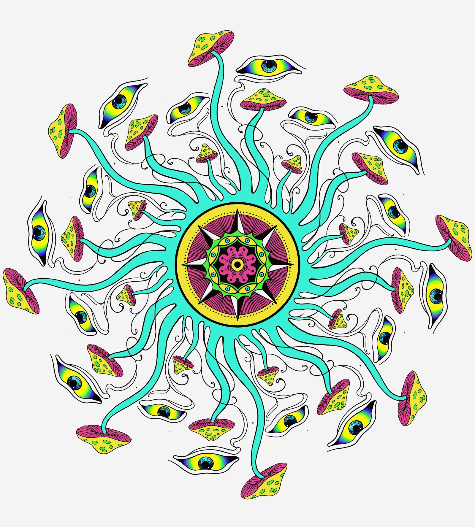Colorful psychedelic tattoo design featuring eyes and mushrooms arranged in a radiant circular pattern.