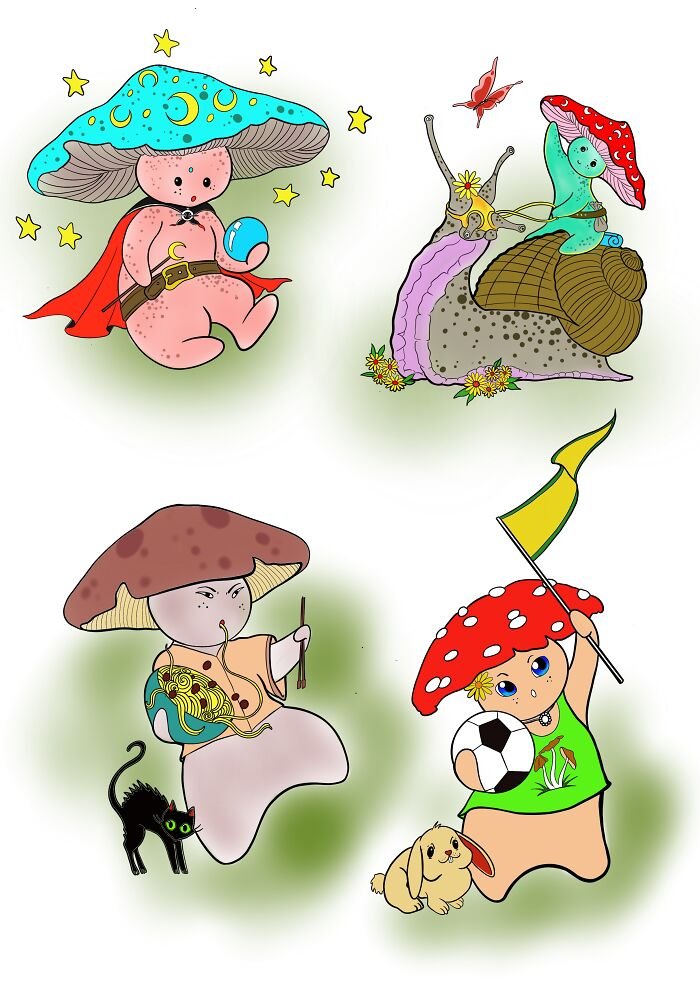 Colorful psychedelic tattoos featuring mushroom characters with whimsical elements including stars, animals, and playful accessories.
