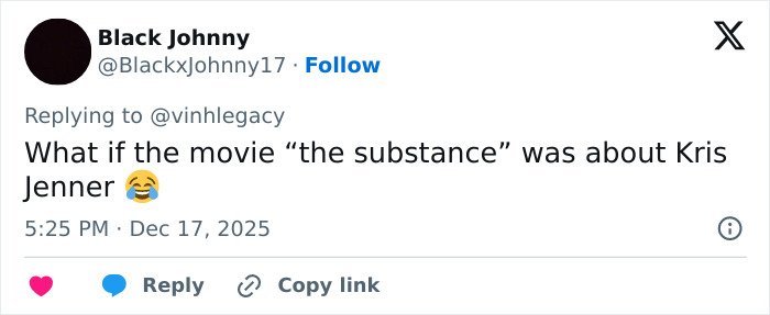 Twitter post mentioning Kris Jenner in a humorous comment related to a viral $100k facelift and hands never lie phrase.