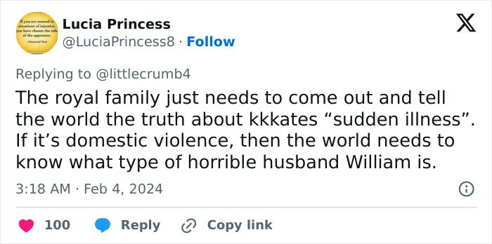 Tweet discussing Kate Middleton’s facial scar and rumors about the seriousness of her 2024 hospitalization.