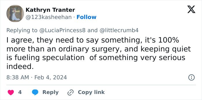 Tweet by Kathryn Tranter discussing speculation that Kate Middleton’s facial scar hints at a more serious 2024 hospitalization.