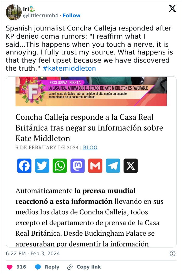 Tweet discussing Spanish journalist Concha Calleja's response to rumors about Kate Middleton’s facial scar and 2024 hospitalization.