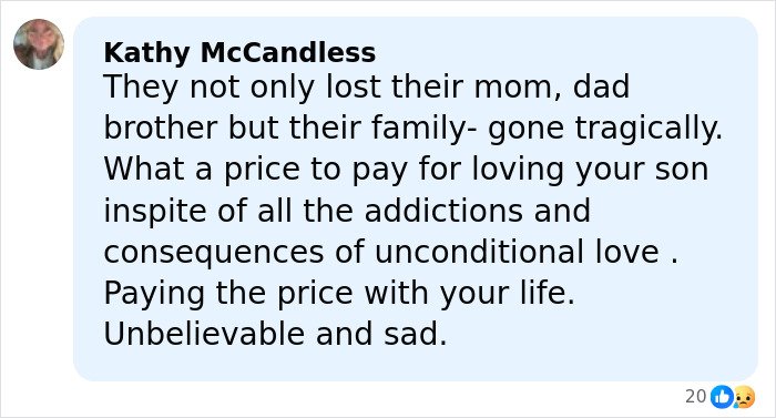Comment by Kathy McCandless discussing family loss and unconditional love in a heartfelt response about Rob Reiner&rsquo;s children.
