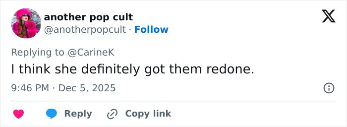 Social media comment discussing Miley Cyrus’s youthful glow and viral makeover after taking the veeners out.