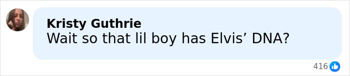 Screenshot of a comment by Kristy Guthrie questioning if the boy has Elvis’ DNA related to Riley Keough and John Travolta’s son.