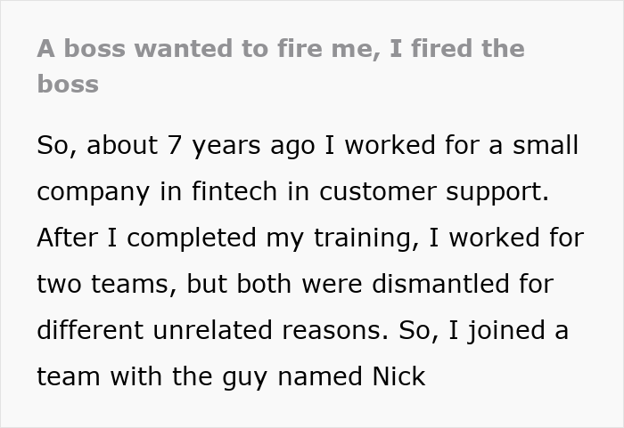 Text excerpt from a story where a boss threatens employee with termination and ends up getting fired.