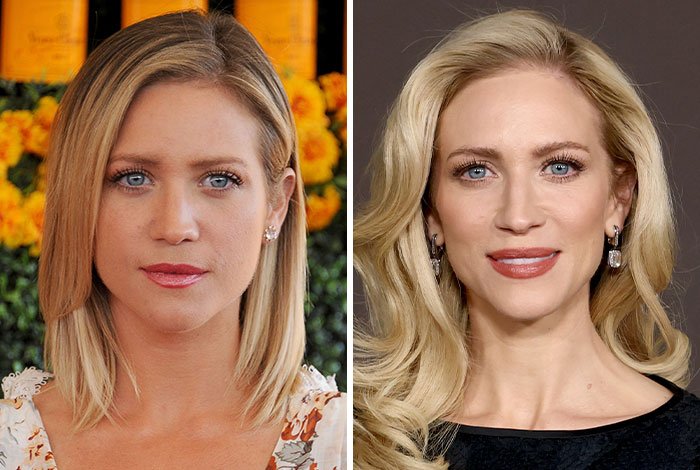 Side-by-side photos of Britanny Snow showing her natural look amid plastic surgery rumors and public reactions.