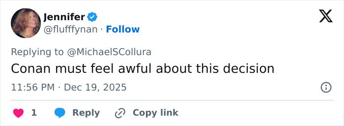 Screenshot of a tweet about Conan O’Brien stopping a 911 call during Nick Reiner’s explosive fight with his dad at a party.