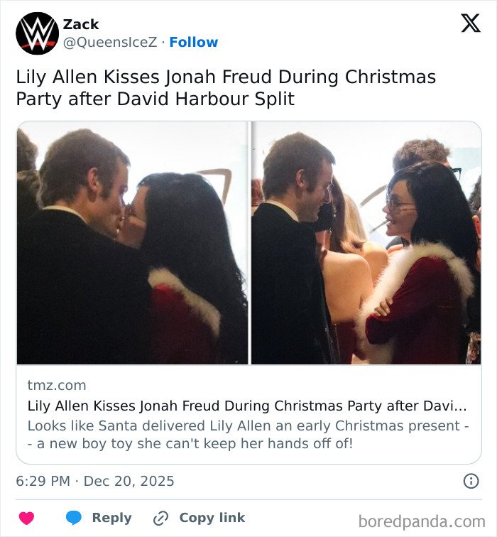 Lily Allen during continual divorce celebration, kissing 28-year-old heir at a festive Christmas party event.