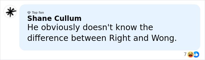 Comment on social media by Shane Cullum mentioning Jurassic World star BD Wong in a discussion about a racist comment apology.