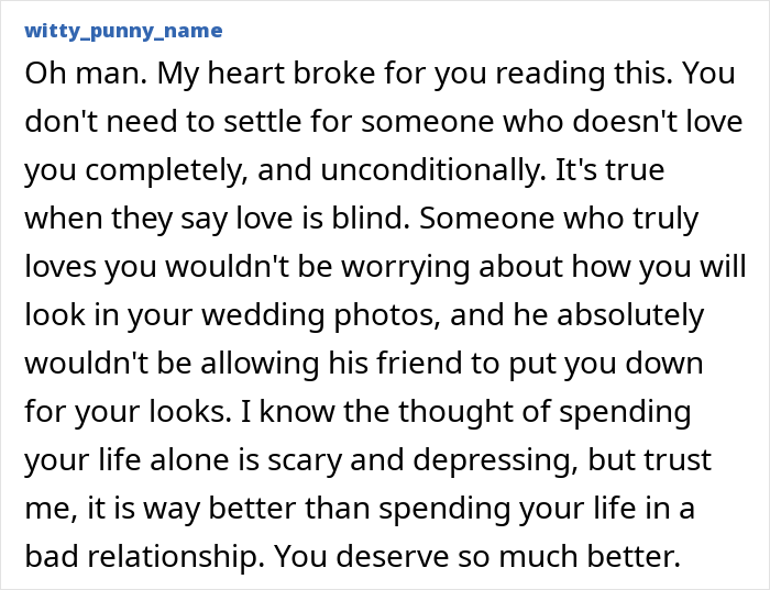 User comment expressing sympathy about a woman finding secret texts of fiancé complaining about her appearance before wedding photos.