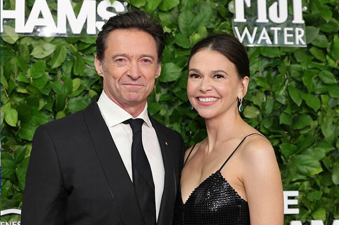 Hugh Jackman and Sutton Foster posing on the red carpet amid divorce controversy and fan reactions.