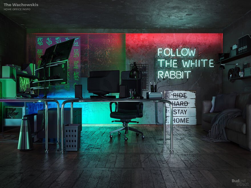Home office design inspired by iconic movie directors featuring neon lights, modern desk setup, and creative ambient lighting.