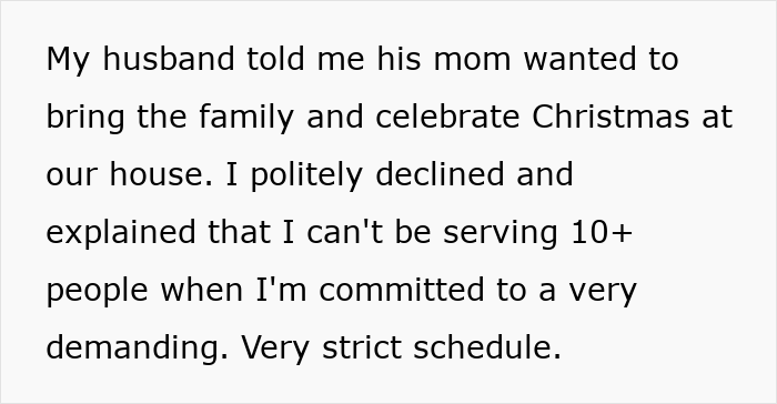 Text on screen describing a woman explaining why she can’t serve many guests due to a demanding schedule during Christmas.