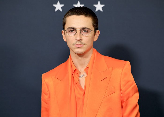 Timothée Chalamet wearing an orange suit and glasses, posing at an event under a dark backdrop with three stars.