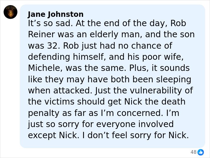 Alt text: Screenshot of a comment discussing Rob Reiner's vulnerability and a confession related to his son at a party.