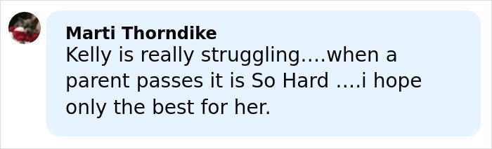Comment from Marti Thorndike expressing concern about Kelly's struggles and hopes for her wellbeing during a hard time.