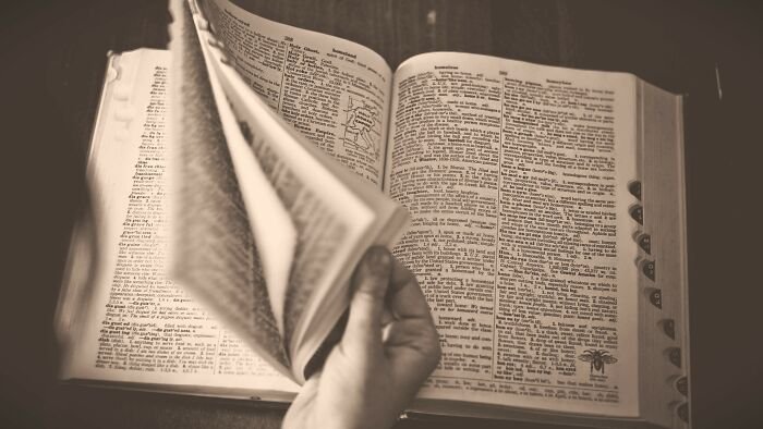 Open dictionary being flipped through by a hand, illustrating vocabulary and language quiz concepts with tricky word definitions.