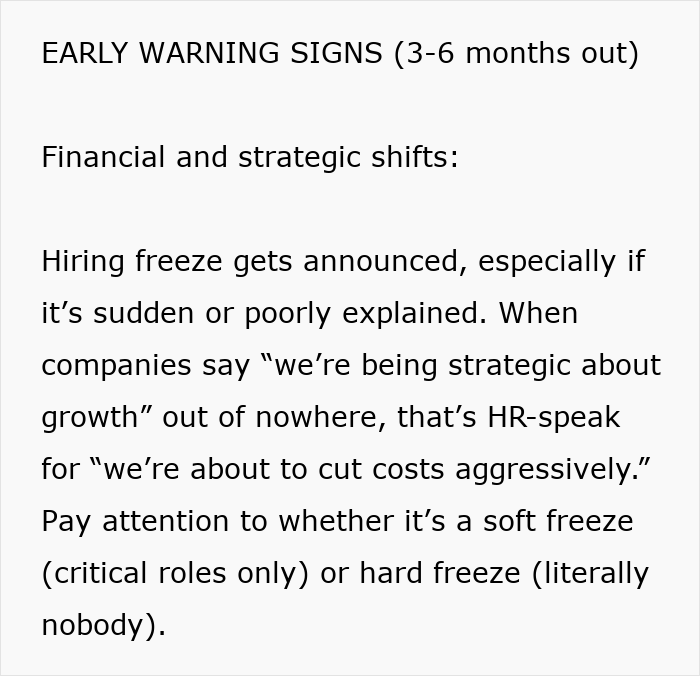 Early warning signs of job insecurity include sudden hiring freeze and financial shifts signaling red flags for job safety.