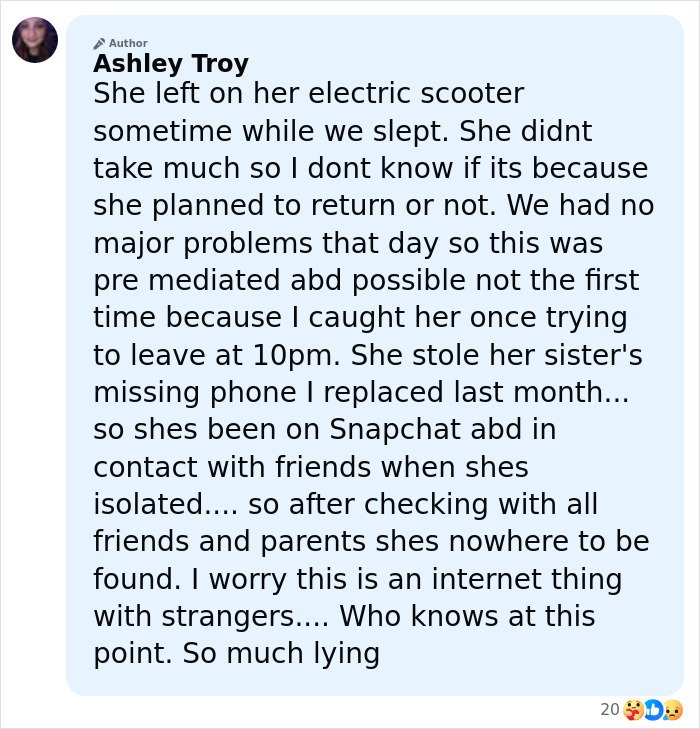 Screenshot of a social media post discussing concerns about a missing teen amid two teens charged with homicide case.