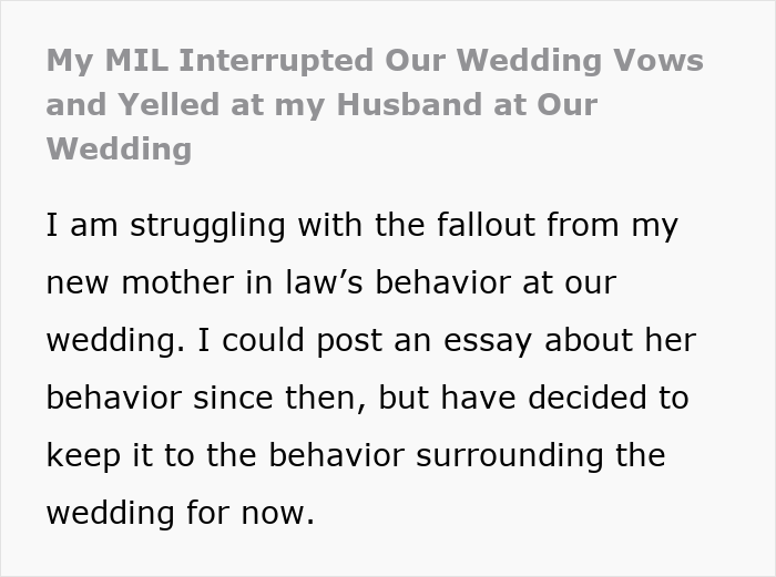Text excerpt discussing a son appalled by his mom’s behavior ruining his wedding day and related wedding issues.