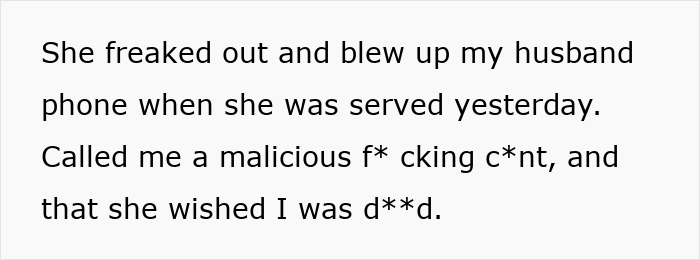 Text showing a woman’s account of her mother-in-law’s hostile reaction after being served a restraining order.