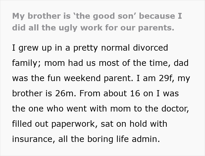Text excerpt showing a woman’s lack of recognition for her daughter’s support while favoring flowers from her son.