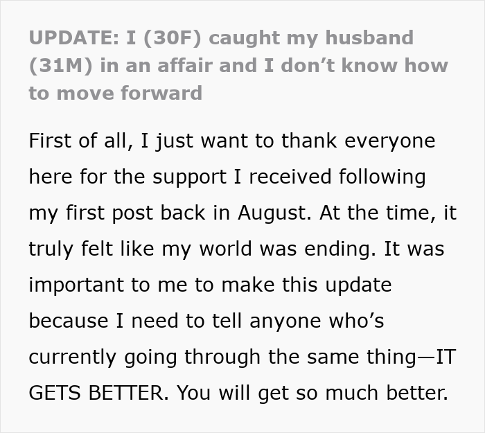 Alt text: Woman shares inspiring 5 year update after leaving cheating husband, offering hope and strength for moving forward