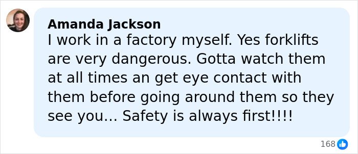 Comment from Amanda Jackson about forklift safety in a factory, emphasizing the dangers and importance of caution and eye contact.