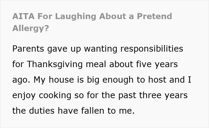 Text about woman calling out sister-in-law for pretending to have a food allergy during Thanksgiving meal duties.