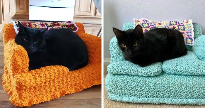 People are Using Their Free Time To Crochet Tiny Couches For Their Cats